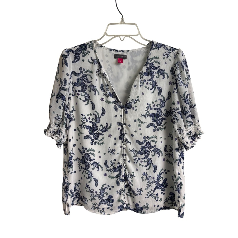 Vince Camuto Womens White Blue Paisley Button Smocked Ruffle Sleeve Blouse‎ M